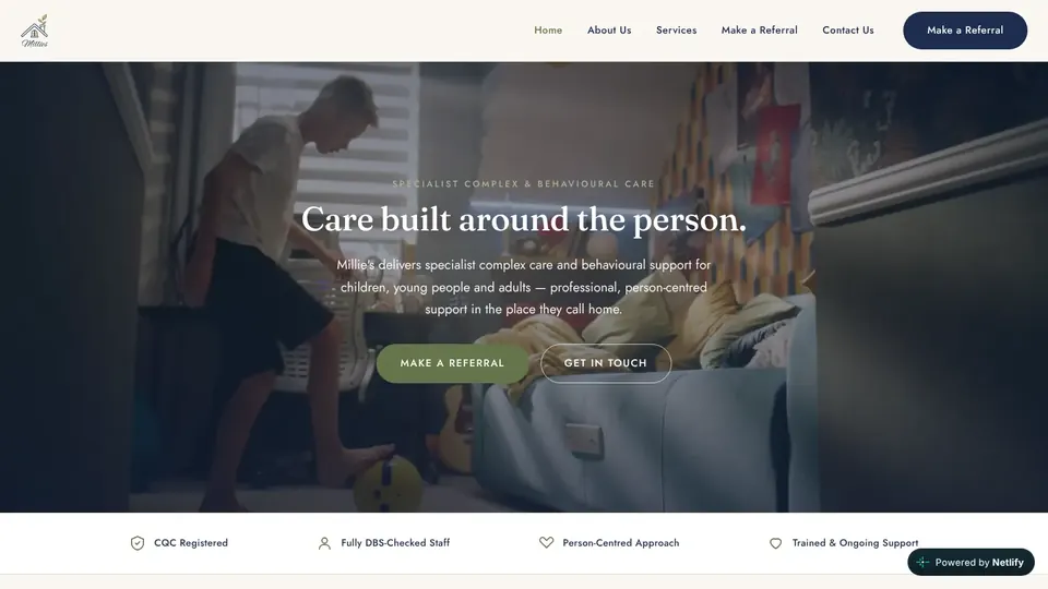 Millie's Children's Complex Care homepage on desktop